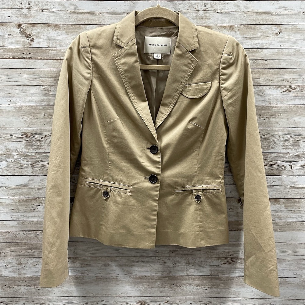 Banana Republic Womens 0 Blazer Cotton 2 Button Jacket Chino Beige Lined‎ Padded